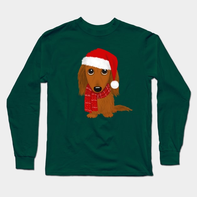 Longhaired Dachshund with Santa Hat Cute Christmas Wiener Dog Long Sleeve T-Shirt by Coffee Squirrel